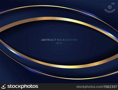 Abstract elegant blue curved geometric overlap layers with stripe golden line and lighting on dark blue background. Luxury style. Vector illustration