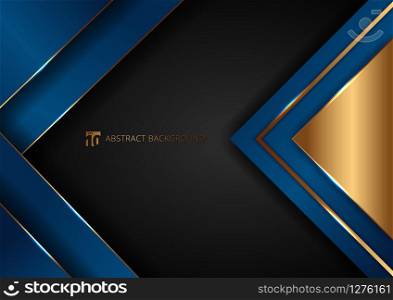 Abstract elegant blue geometric overlap layers with stripe golden line and lighting on black background. Luxury style. Vector illustration