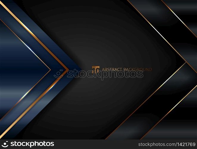 Abstract elegant blue geometric triangle overlap layers with stripe golden line and lighting on black background. Luxury style. Vector illustration