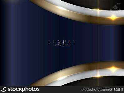 Abstract elegant blue, white, gold metallic curved shapes layer on black background. Luxury style. Vector illustration