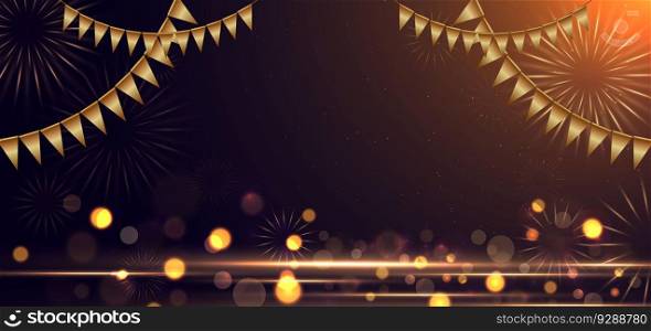 Abstract elegant bokeh and golden flags and flash lights on dark brown background. Celebration party concept. Vector illustration