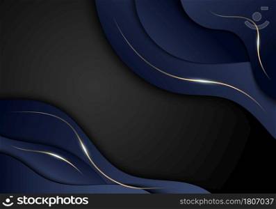 Abstract elegant dark blue color wave shape and gold lines with lighting on black background luxury style. Vector illustration