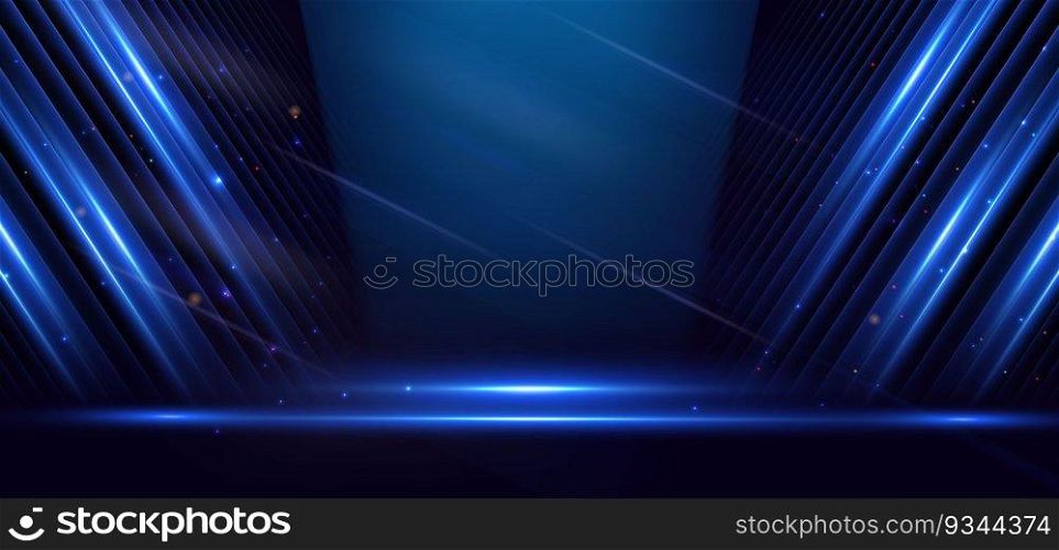 Abstract elegant dark blue stage background with blue neon line and lighting effect sparkle. Luxury template award design. Vector illustration