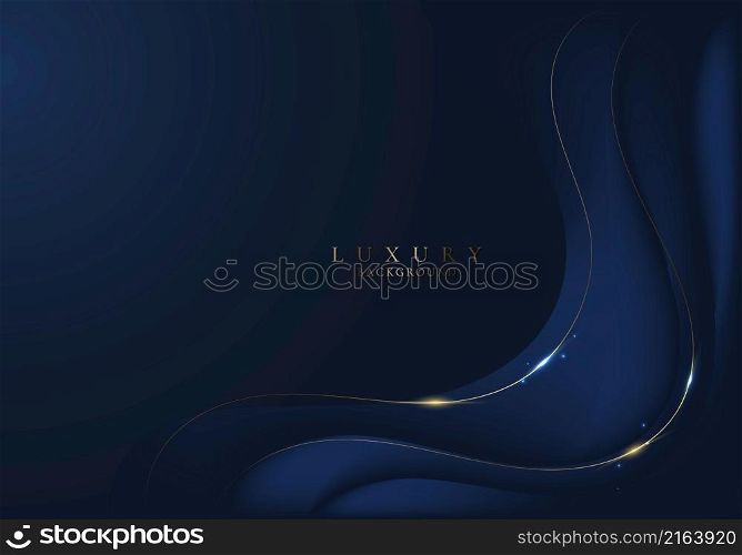 Abstract elegant dark blue wavy curve shape background with golden lines and lighting. Luxury style. Vector illustration