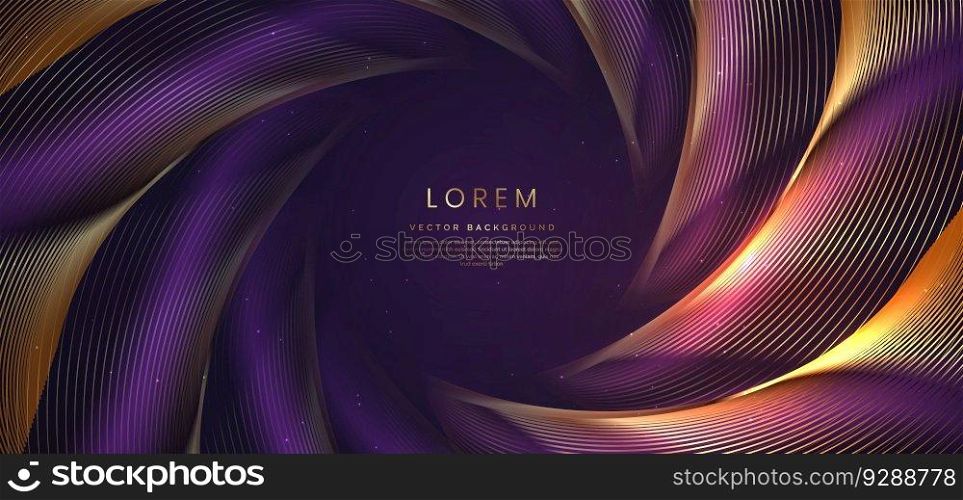 Abstract elegant dark purple background with golden curved line and lighting effect. Luxury template celebration award design. Vector illustration