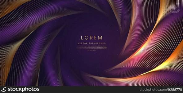 Abstract elegant dark purple background with golden curved line and lighting effect. Luxury template celebration award design. Vector illustration