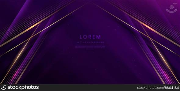 Abstract elegant dark purple background with golden line and lighting effect sparkle. Luxury template design. Vector illustration. 