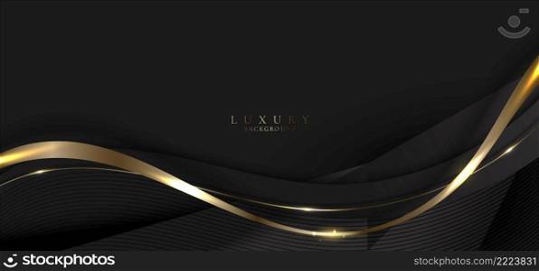 Abstract elegant gold and black curved wave lines with shiny sparkling light on dark background luxury style. Vector illustration