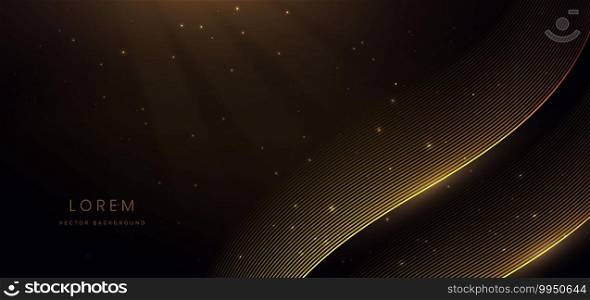 Abstract elegant gold glowing wave lines with lighting effect sparkle on dark brown background. Template premium award design. Vector illustration