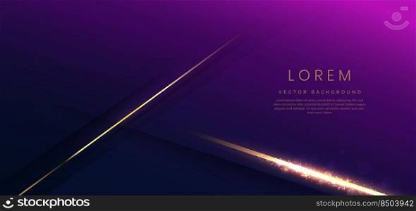 Abstract elegant gold lines diagonal on dark blue and purple background with lighting effect sparkle. Luxury template style with copy space for text. Vector illustration