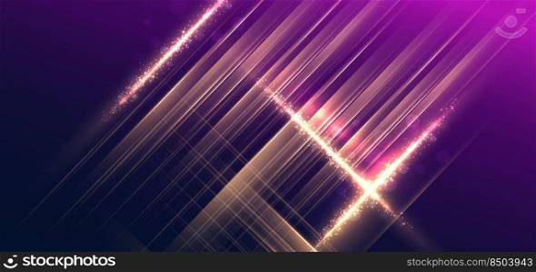 Abstract elegant gold lines diagonal on dark blue and purple background with lighting effect sparkle. Luxury template style with copy space for text. Vector illustration