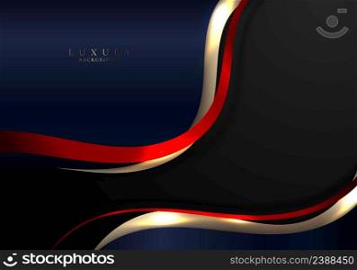 Abstract elegant gold, red and blue curved wave lines with shiny sparkling light on black background luxury style. Vector illustration
