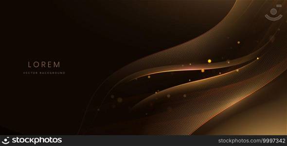 Abstract elegant golden wave on black background with lighting effect and sparkle with copy space for text. Luxury design style. Vector illustration