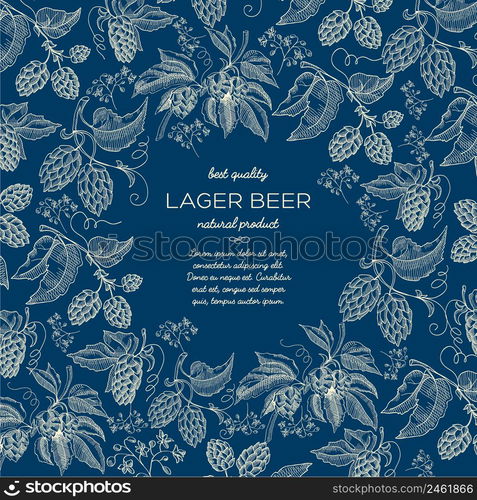 Abstract elegant natural sketch template with text and beer herbal hop plants on blue background vector illustration. Abstract Elegant Natural Sketch Template