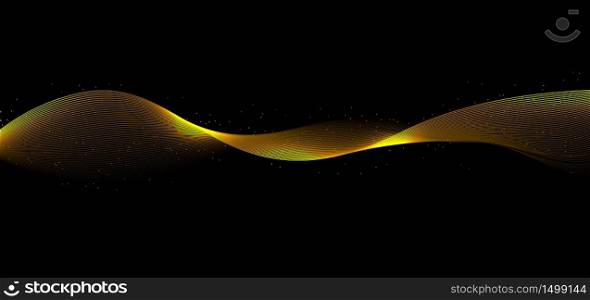 Abstract elegant shiny gold waves lines with glitter effect and light on black background. Vector illustration