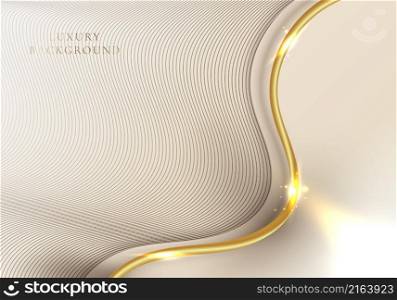Abstract elegant template design 3D golden wave curved line elements with lighting effect on light brown background. Modern luxury style. Vector graphic illustration