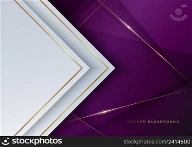 Abstract elegant template white triangle with golden lines on violet background with copy space for text. Luxury concept. Vector illustration