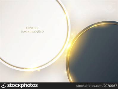 Abstract elegant white and black circle with golden lines rounded and light sparking on clean background luxury style. Vector graphic illustration