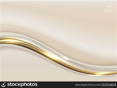 Abstract elegant white and brown wave shape with 3D golden curved lines rounded and light sparking on clean background luxury style. Vector graphic illustration