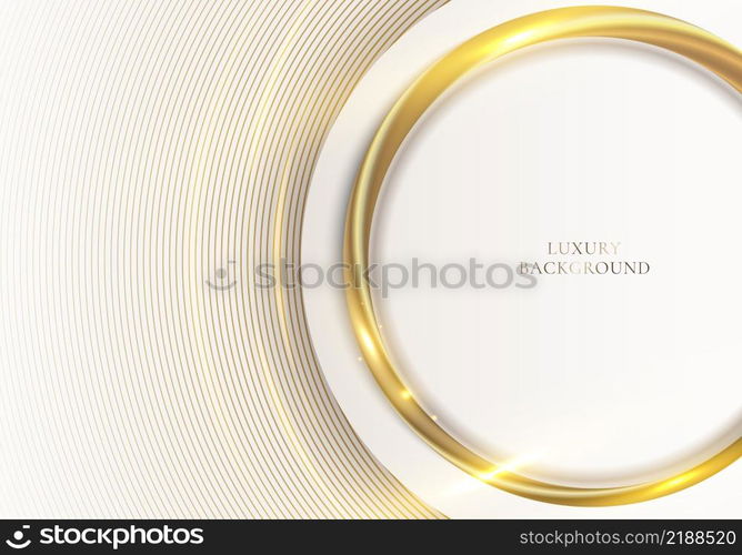 Abstract elegant white circle with 3D golden lines ring rounded and light sparking on clean background luxury style. Vector graphic illustration