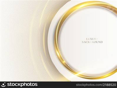 Abstract elegant white circle with 3D golden lines ring rounded and light sparking on clean background luxury style. Vector graphic illustration