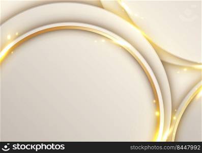 Abstract elegant white circle with 3D golden lines ring rounded overlapping layer and light sparking on clear background luxury style. Vector graphic illustration
