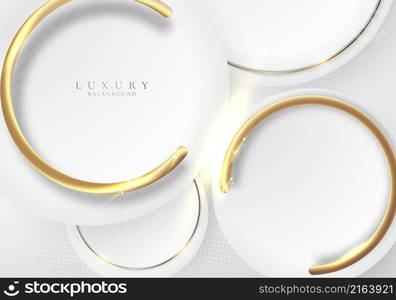 ABstract elegant white circles and 3D golden ring with glow lighting effect on clean background. Luxury style. Vector illustration