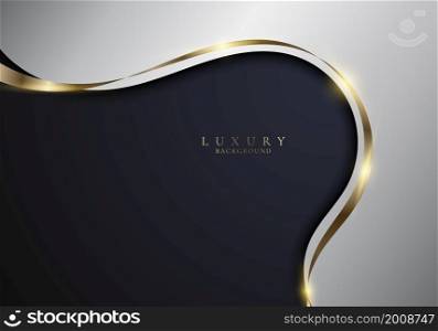 Abstract elegant white curved shape with shiny golden ribbon lines on dark blue background luxury style. Vector illustration