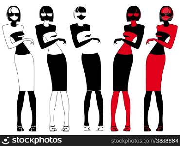 Abstract elegant woman in glasses, five hand drawing vector silhouettes