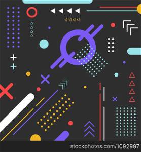 Abstract elements geometric colorful pattern circle, triangle, line on black background. You can use for cover brochure, poster, flyer, banner web, etc. Vector illustration