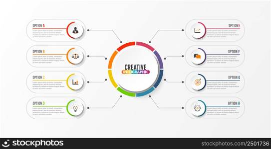 Abstract elements of graph Vector infographic template with label, integrated circles. Business concept with 8 options. For content, diagram, flowchart, steps, parts, timeline infographics, workflow layout, chart.