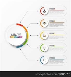Abstract elements of graph Vector infographic template with label, integrated circles. Business concept with 5 options. For content, diagram, flowchart, steps, parts, timeline infographics, workflow layout, chart.