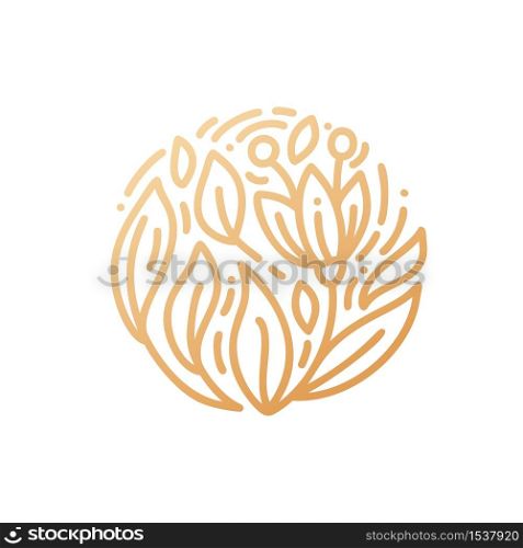 Abstract emblem flower in a circle in linear style. Monoline vector plant logo for design of natural products, flower shop, cosmetics, ecology concepts, health, spa, yoga center.. Abstract emblem flower in a circle in linear style. Monoline vector plant logo for design of natural products, flower shop, cosmetics, ecology concepts, health, spa, yoga center