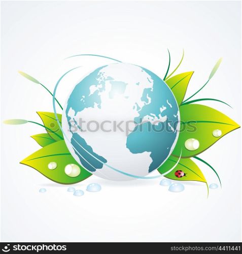 abstract environmental background with glass globe and green leaf . environmental background