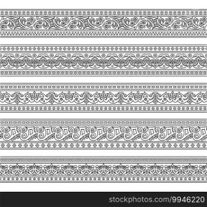 Abstract ethnic nature seamless line art stripes set. Ornamental lace vector borders. Abstract ethnic nature seamless line art stripes set