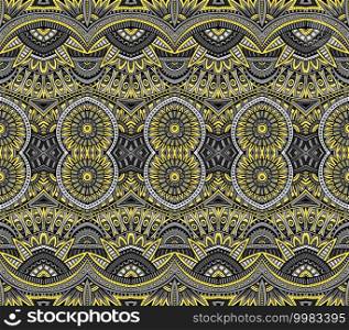 Abstract ethnic rug ornamental seamless pattern. Vector vintage yellow and grey background. Pantone colors of the year 2021 tribal square design for print on fabric, textile, greeting cards, phone cases, scarves, wrapping paper. Abstract ethnic vintage yellow and grey background.