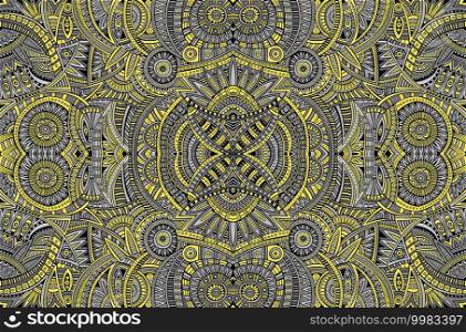 Abstract ethnic rug ornamental seamless pattern. Vector vintage yellow and grey background. Pantone colors of the year 2021 tribal square design for print on fabric, textile, greeting cards, phone cases, scarves, wrapping paper. Abstract ethnic vintage yellow and grey background.