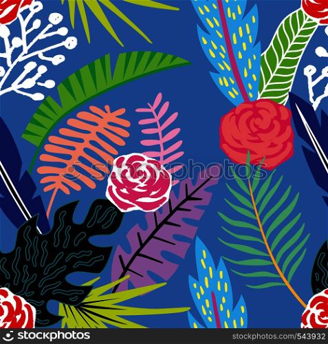 Abstract exotic composition of tropical leaves. Beach jungle cartoon seamless pattern wallpaper blue background