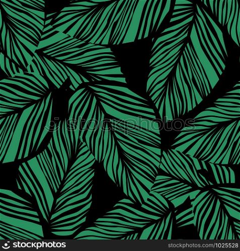 Abstract exotic plant seamless pattern on black background. Green leaf wallpaper. Tropical pattern, palm leaves seamless floral background. Vector illustration. Abstract exotic plant seamless pattern on black background.