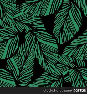 Abstract exotic plant seamless pattern on black background. Green leaf wallpaper. Tropical pattern, palm leaves seamless floral background. Vector illustration. Abstract exotic plant seamless pattern on black background.