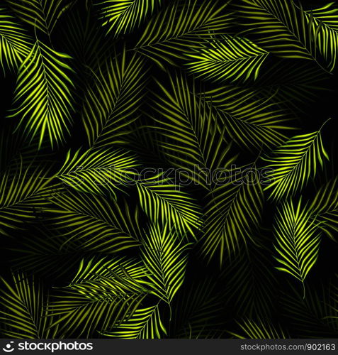 Abstract exotic plant seamless pattern on black background. Tropical palm leaves pattern, vector botanical background. Fern leaf wallpaper. For book covers, design, graphic art, wrapping paper.. Abstract exotic plant seamless pattern on black background.
