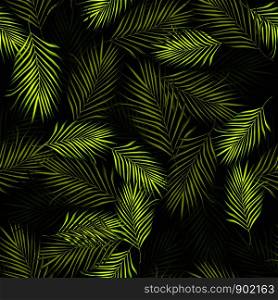 Abstract exotic plant seamless pattern on black background. Tropical palm leaves pattern, vector botanical background. Fern leaf wallpaper. For book covers, design, graphic art, wrapping paper.. Abstract exotic plant seamless pattern on black background.