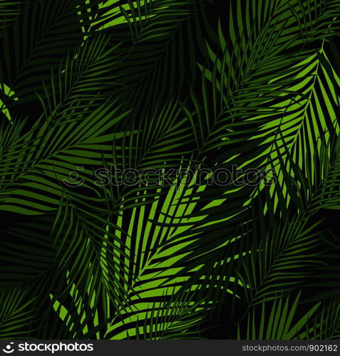 Abstract exotic plant seamless pattern on black background. Tropical pattern, vector botanical background. Palm leaves wallpaper. For book covers, design, graphic art, wrapping paper.. Tropical pattern, vector botanical background. Palm leaves wallpaper.