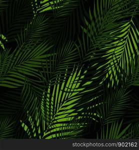 Abstract exotic plant seamless pattern on black background. Tropical pattern, vector botanical background. Palm leaves wallpaper. For book covers, design, graphic art, wrapping paper.. Tropical pattern, vector botanical background. Palm leaves wallpaper.