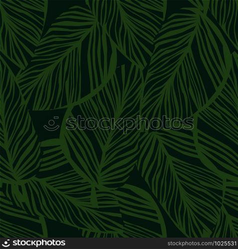 Abstract exotic plant seamless pattern on green background. Green leaf wallpaper. Tropical pattern, palm leaves seamless floral background. Vector illustration. Abstract exotic plant seamless pattern on green background. Green leaf wallpaper.