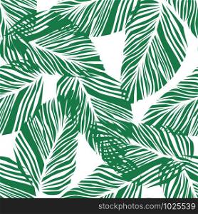 Abstract exotic plant seamless pattern on white background. Tropical pattern, palm leaves seamless floral background. Green leaf wallpaper. Vector illustration. Abstract exotic plant seamless pattern on white background. Tropical pattern