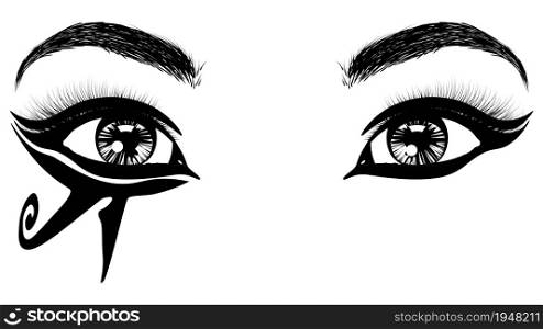 Abstract eye with ancient Egyptian style makeup, black and white illustration.