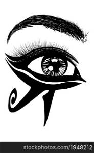 Abstract eye with ancient Egyptian style makeup, black and white illustration.
