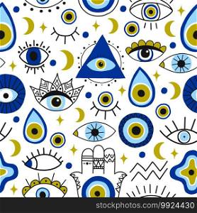 Abstract eyes pattern. Evil hand drawn turkish eyes trendy backdrop. Contemporary magical eye talisman seamless vector pattern. Magical amulets and spiritual symbols with moon and star. Abstract eyes pattern. Evil hand drawn turkish eyes trendy backdrop. Contemporary magical eye talisman seamless vector pattern