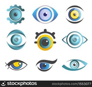 Abstract eyes with color pupils isolated icons design contact lens concept optical glasses shop oculist and ophthalmology makeup visage and cosmetics eyeball emblem or logo organ of perception. Vision eyes isolated abstract icons color pupils